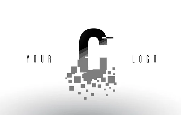 C Pixel Letter Logo with Digital Shattered Black Squares — Stock Vector