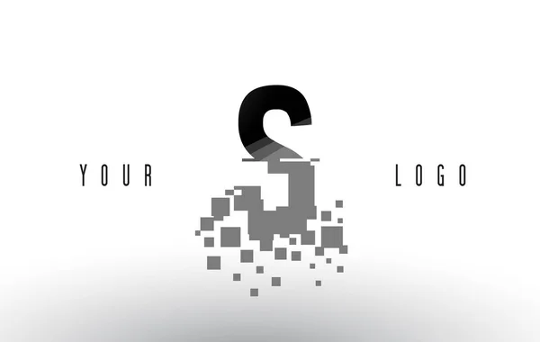 S Pixel Letter Logo mit digital zertrümmerten schwarzen Quadraten — Stockvektor