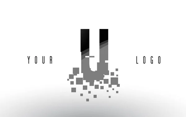 Logotipo de letra de píxel en U con cuadrados negros destrozados digitales — Vector de stock