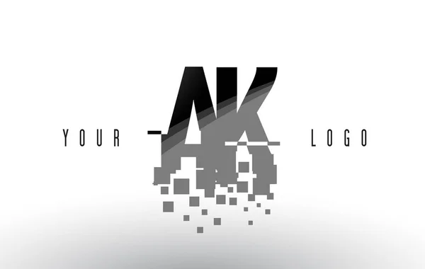 AK een K Pixel brief Logo met digitale verbrijzeld zwarte vierkantjes — Stockvector