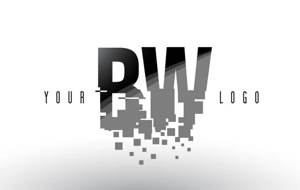 Logotipo de letra de píxel BW B W con cuadrados negros destrozados digitales — Vector de stock