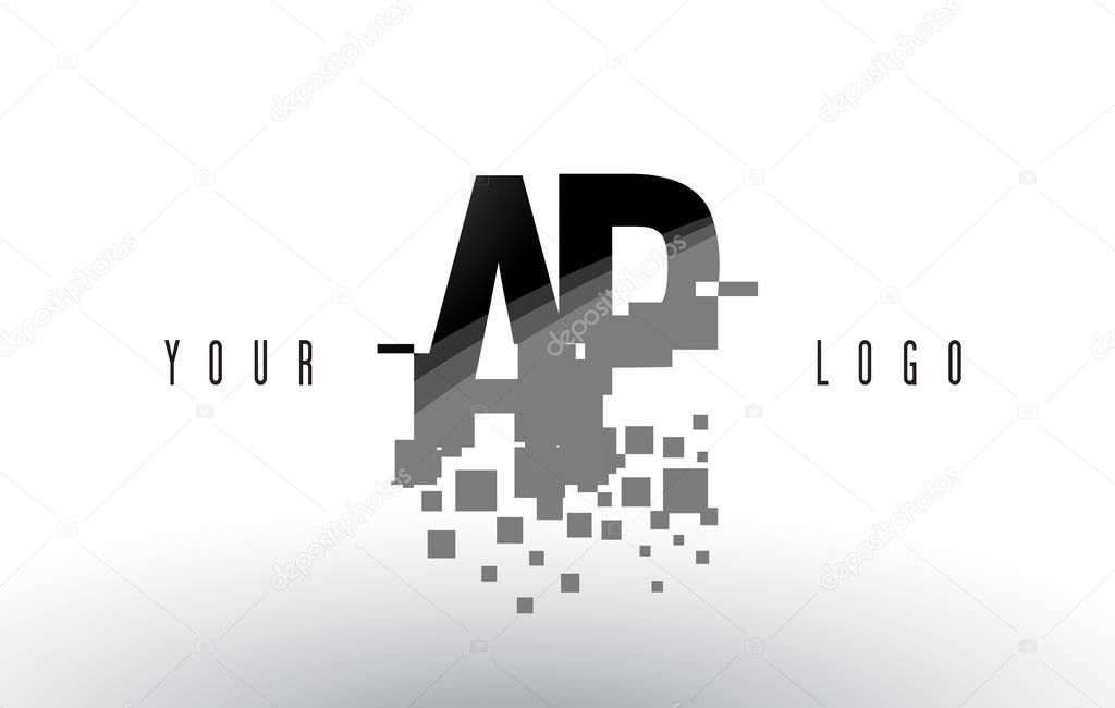 AP A P Pixel Letter Logo with Digital Shattered Black Squares 