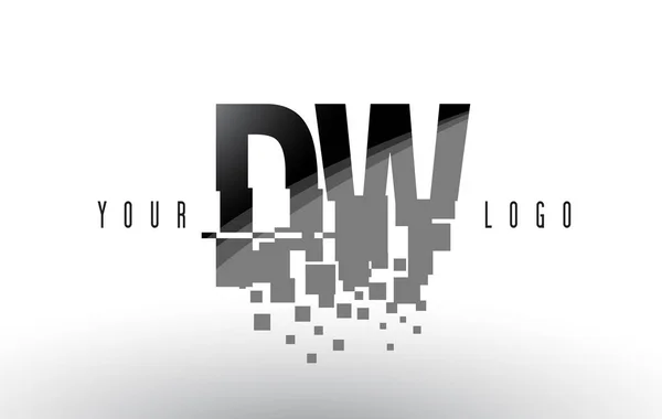 Logo de letra de píxel DW D W con cuadrados negros destrozados digitales — Vector de stock