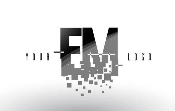 Em E M Pixel brief Logo met digitale verbrijzeld zwarte vierkantjes — Stockvector
