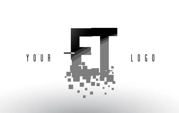 Logo de letra de píxel ET E T con cuadrados negros destrozados digitales — Vector de stock