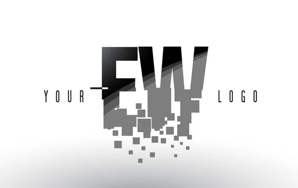 Logo de letra de píxel EW E W con cuadrados negros destrozados digitales — Vector de stock