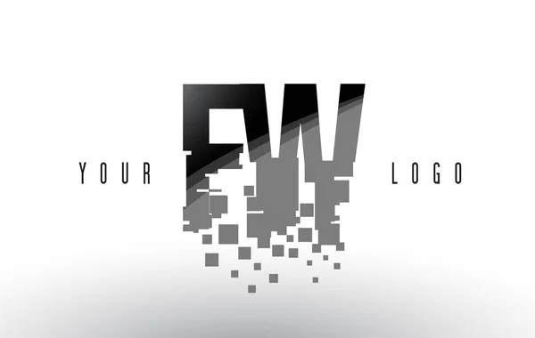 Logo de letra de píxel FW F W con cuadrados negros destrozados digitales — Vector de stock