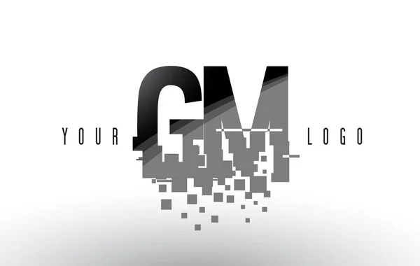 Logo de letra de píxel GM G M con cuadrados negros destrozados digitales — Vector de stock