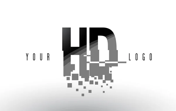 HD H D Pixel brief Logo met digitale verbrijzeld zwarte vierkantjes — Stockvector