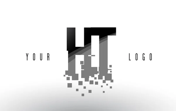 HT H T Pixel Letra Logo con Cuadrados Negros Destruidos Digitales — Vector de stock