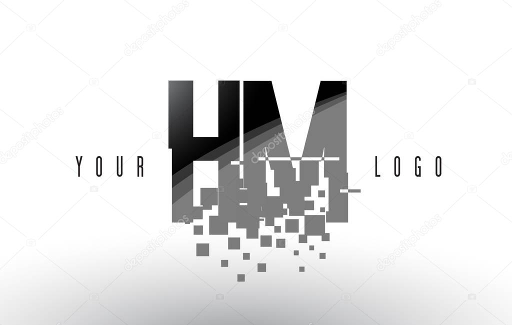 HM H M Pixel Letter Logo with Digital Shattered Black Squares. Creative Letters Vector Illustration.