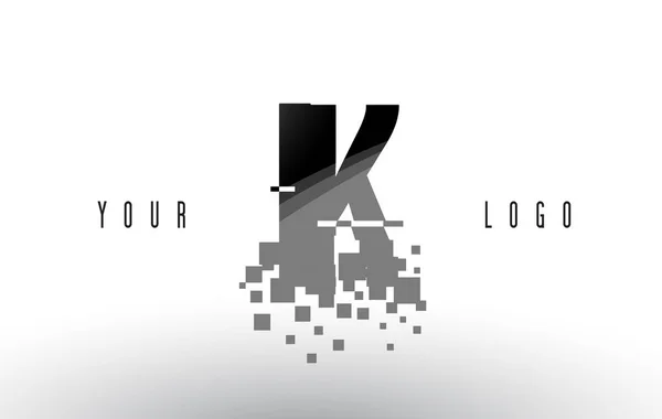 Ik ik K Pixel brief Logo met digitale verbrijzeld zwarte vierkantjes — Stockvector