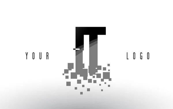 IT I T Pixel Letra Logo con Cuadrados Negros Destruidos Digitales — Vector de stock