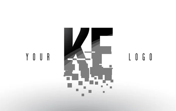 Ke K E Pixel brief Logo met digitale verbrijzeld zwarte vierkantjes — Stockvector