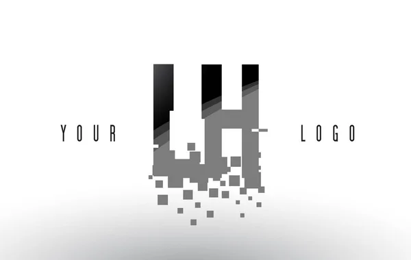 Logotipo de letra de píxel LH L H con cuadrados negros destrozados digitales — Vector de stock