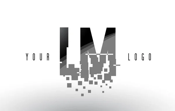 Logotipo de letra de píxel LM L M con cuadrados negros destrozados digitales — Vector de stock