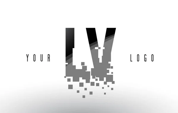 LV L V Pixel brief Logo met digitale verbrijzeld zwarte vierkantjes — Stockvector