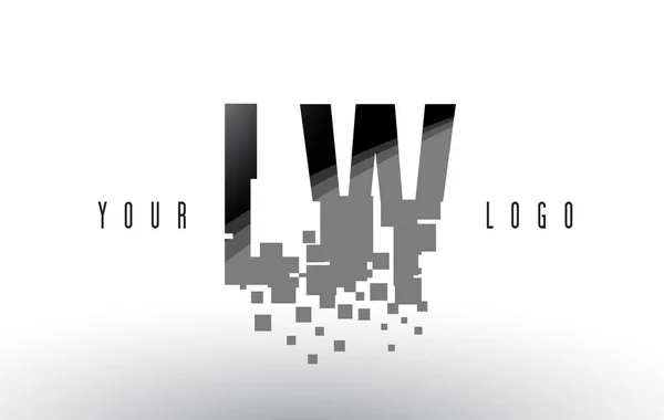 Logotipo de letra de píxel LW L W con cuadrados negros destrozados digitales — Vector de stock
