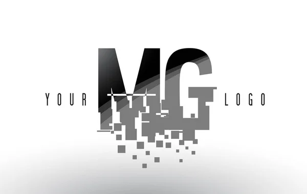 Logo de letra MG M G Pixel con cuadrados negros destrozados digitales — Vector de stock