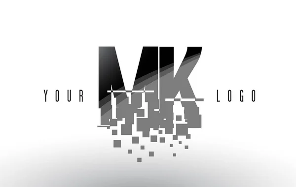 MK M K Pixel brief Logo met digitale verbrijzeld zwarte vierkantjes — Stockvector