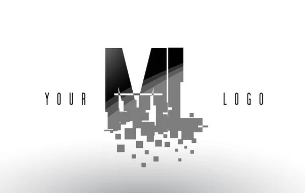 Ml m l Pixel Buchstabe Logo mit digital zerbrochenen schwarzen Quadraten — Stockvektor