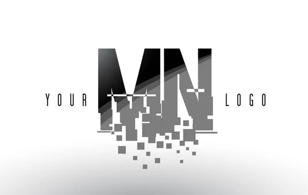 MN M N Pixel brief Logo met digitale verbrijzeld zwarte vierkantjes — Stockvector