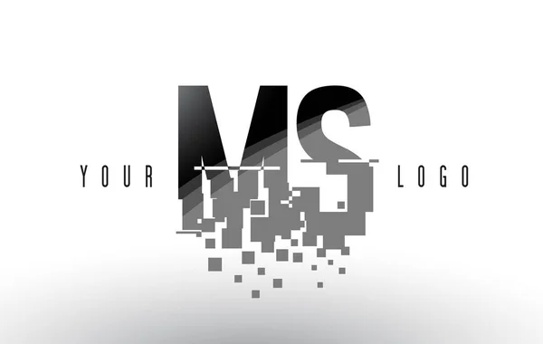 Logo della lettera del pixel di MS M S con i quadrati neri frantumati digitali — Vettoriale Stock
