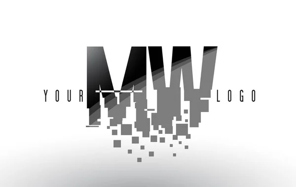 Logo de letra de píxel MW M W con cuadrados negros destrozados digitales — Vector de stock