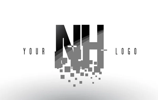 Logo de letra de píxel NH N H con cuadrados negros destrozados digitales — Vector de stock