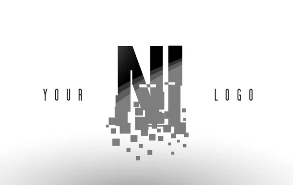 NI N I Logo lettera pixel con quadrati neri frantumati digitali — Vettoriale Stock