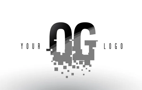 Og O G Pixel brief Logo met digitale verbrijzeld zwarte vierkantjes — Stockvector