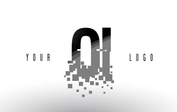 Oi O ik Pixel brief Logo met digitale verbrijzeld zwarte vierkantjes — Stockvector