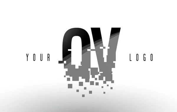 Ov O V piksel mektup Logo dijital siyah kareler paramparça — Stok Vektör