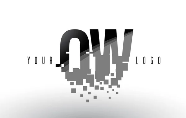 Logotipo de letra de píxel OW O W con cuadrados negros destrozados digitales — Vector de stock