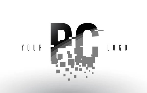 Logo lettre PC P C Pixel avec carrés noirs brisés numériques — Image vectorielle
