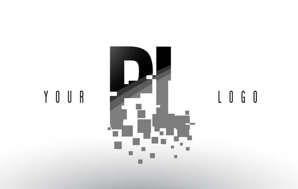 Logo PL P L Pixel Letter con quadrati neri frantumati digitali — Vettoriale Stock