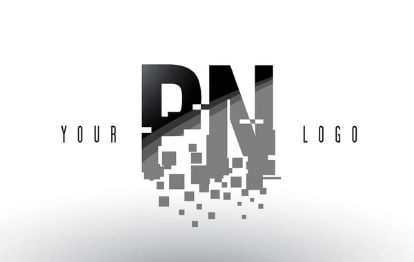 Logotipo de letra de píxel PN P N con cuadrados negros destrozados digitales — Vector de stock