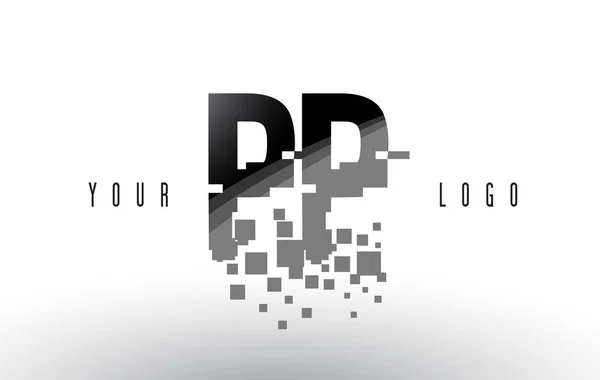 Logo de letra de píxel PP P con cuadrados negros destrozados digitales — Vector de stock