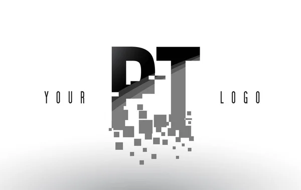 Logo lettera PT P T Pixel con quadrati neri frantumati digitali — Vettoriale Stock