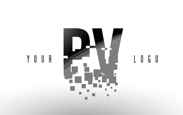 PV P V Pixel brief Logo met digitale verbrijzeld zwarte vierkantjes — Stockvector
