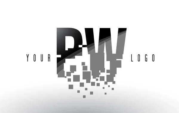 Logo de la letra del pixel de PW P W con cuadrados negros destrozados digitales — Vector de stock