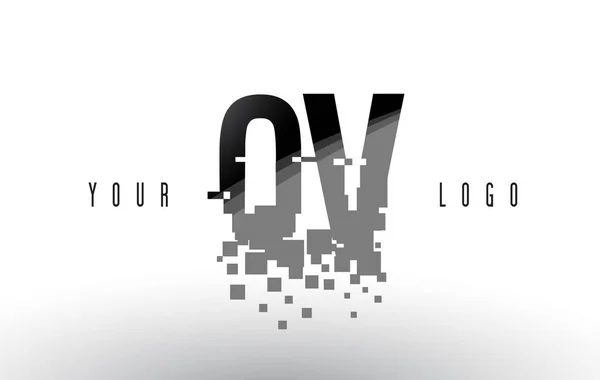 Logo lettera QV Q V Pixel con quadrati neri frantumati digitali — Vettoriale Stock