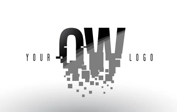 Logo de letra de píxel QW Q W con cuadrados negros destrozados digitales — Vector de stock