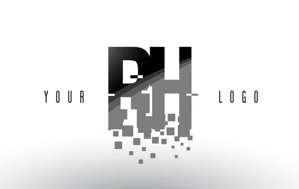 Logo RH R H Pixel Letter con quadrati neri frantumati digitali — Vettoriale Stock