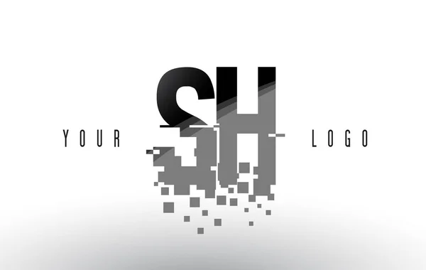 Sh s h Pixel Letter Logo mit digital zertrümmerten schwarzen Quadraten — Stockvektor