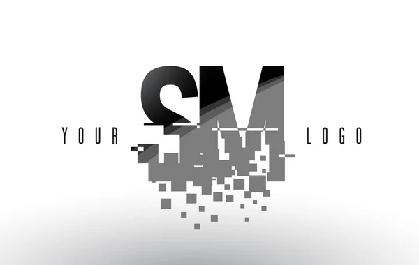Logo SM S M Pixel Letter con quadrati neri frantumati digitali — Vettoriale Stock