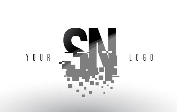 Sn s n Pixel Buchstabe Logo mit digital zerbrochenen schwarzen Quadraten — Stockvektor