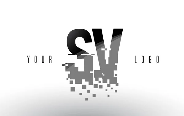 SV S V Pixel brief Logo met digitale verbrijzeld zwarte vierkantjes — Stockvector