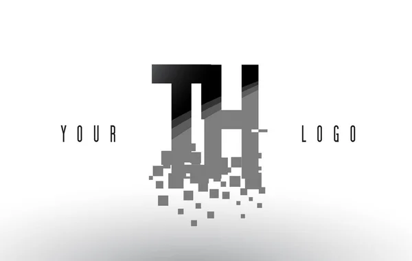 TH T H Pixel Letra Logo con Cuadrados Negros Destruidos Digitales — Vector de stock