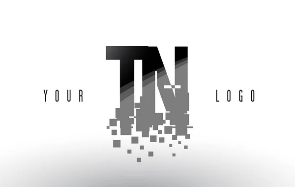 Logo lettera TN T N Pixel con quadrati neri frantumati digitali — Vettoriale Stock